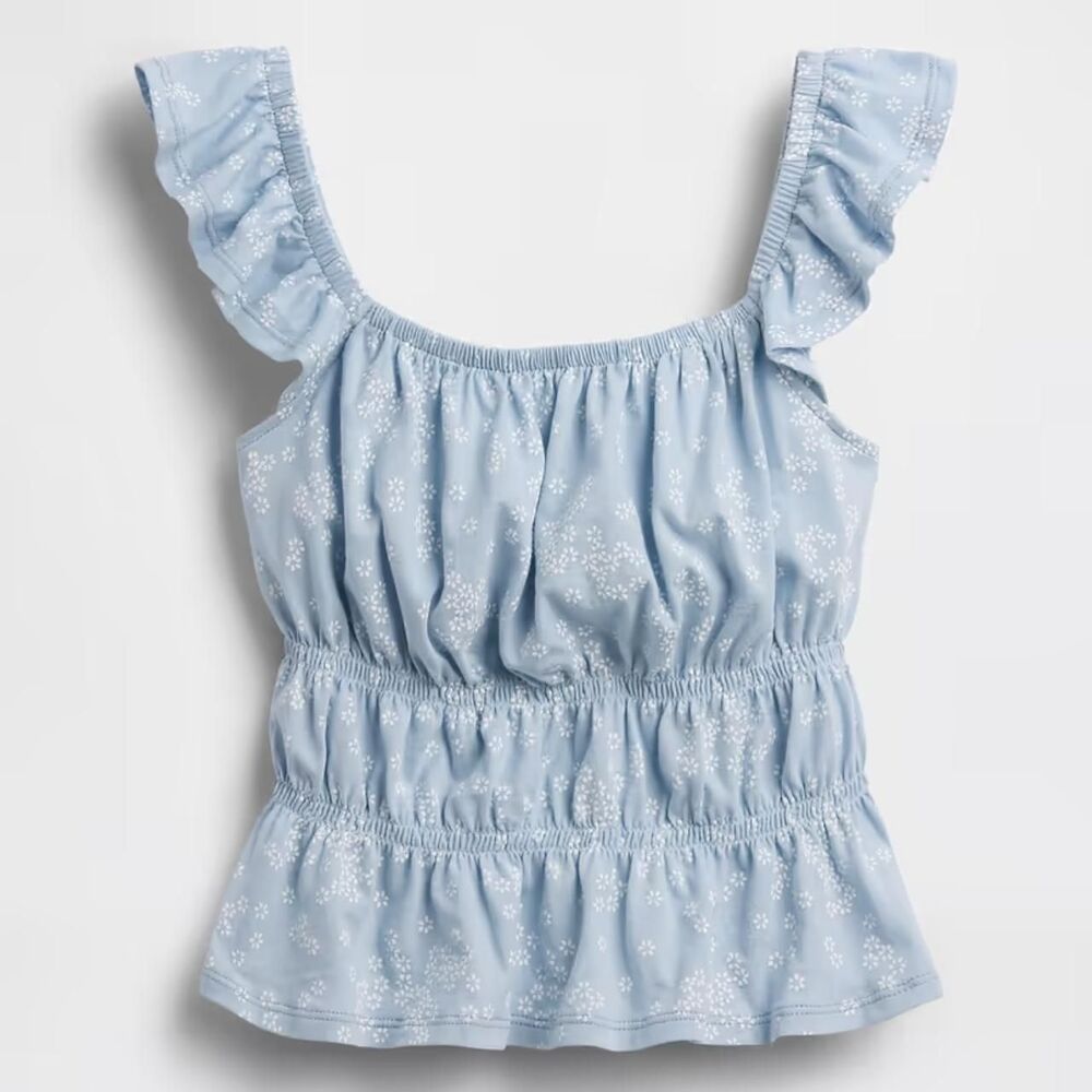NWT Gap Kids Blue White Floral Flutter-Sleeve Smocked Peplum Top Size M / 8 Y